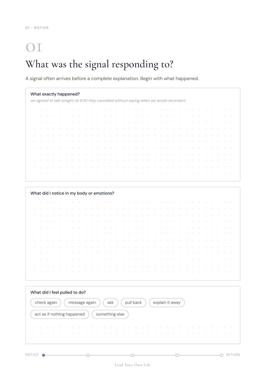 Notice Your Inner Signal, page 3, step one: What was the signal responding to? Writing prompts about what happened and what you noticed in your body.