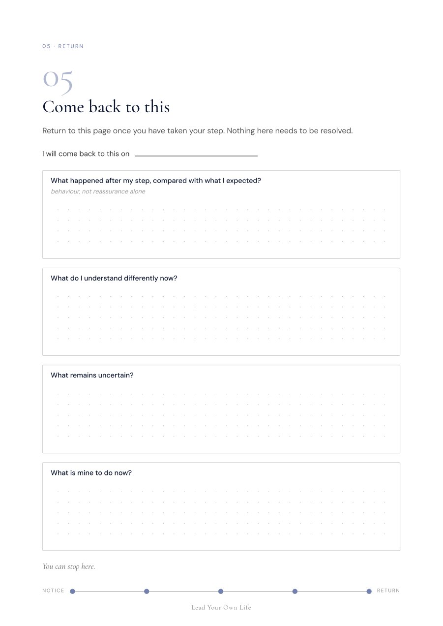 Notice Your Inner Signal, page 9, step five: Come back to this. Prompts for after you have taken your step.